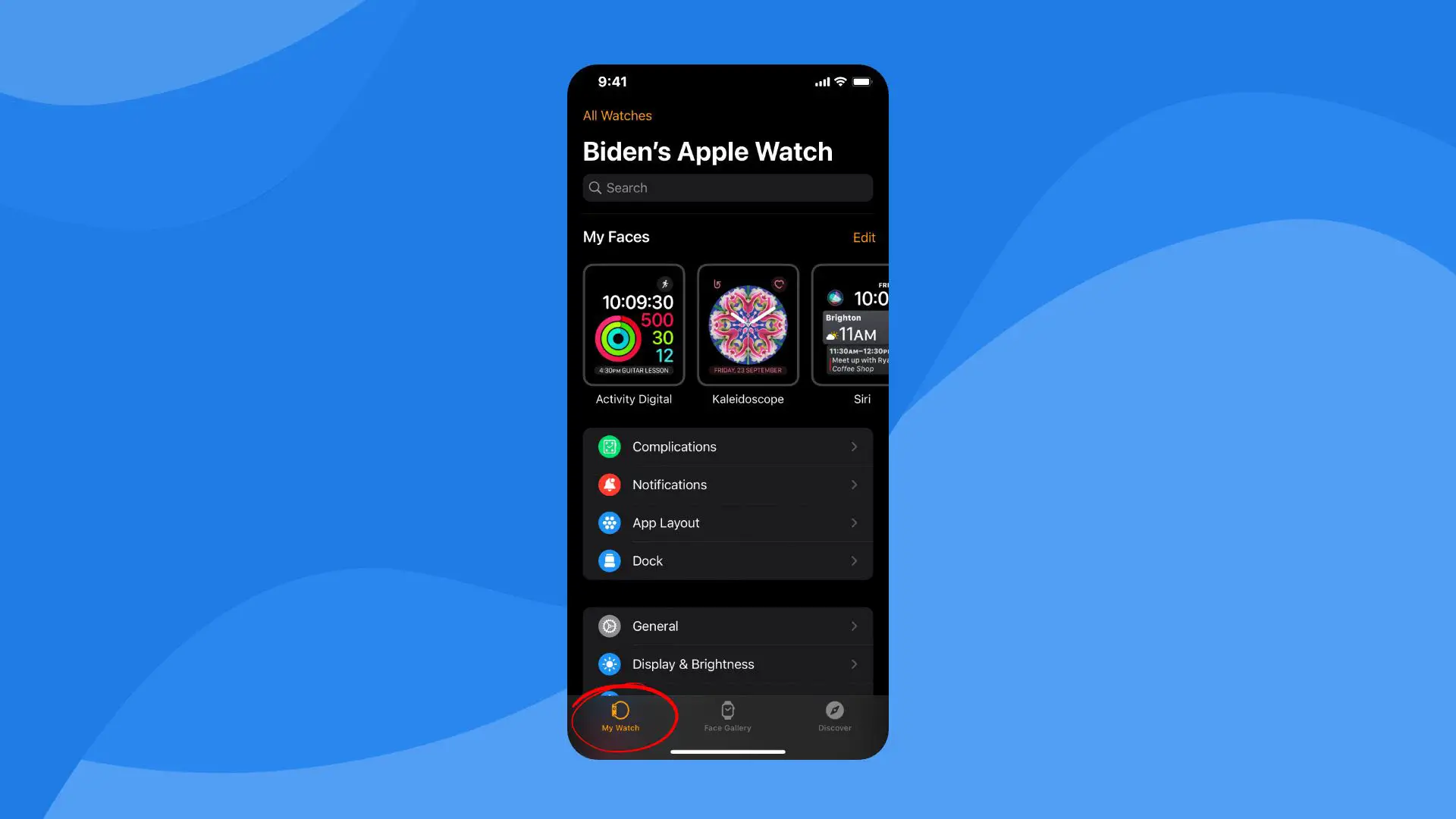 My watch option on the Apple Watch app