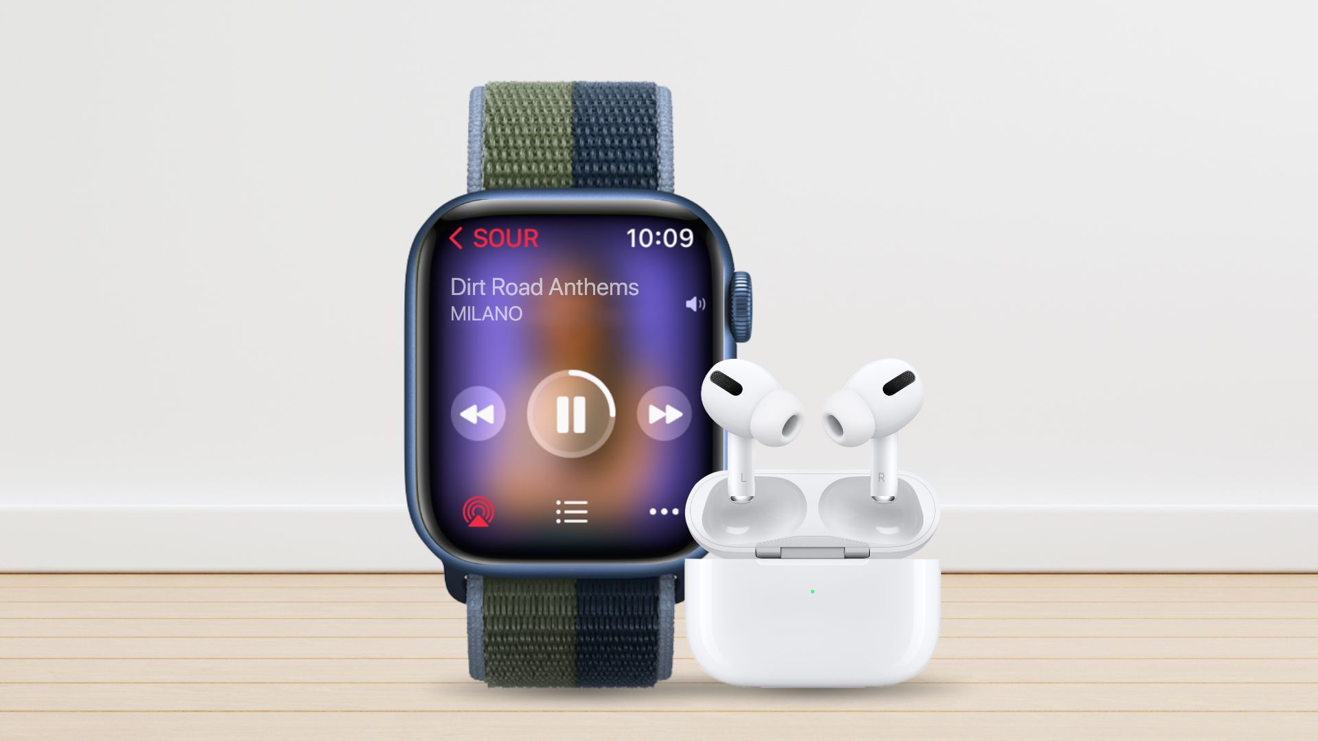AirPods track control on Apple Watch’s Music player interface