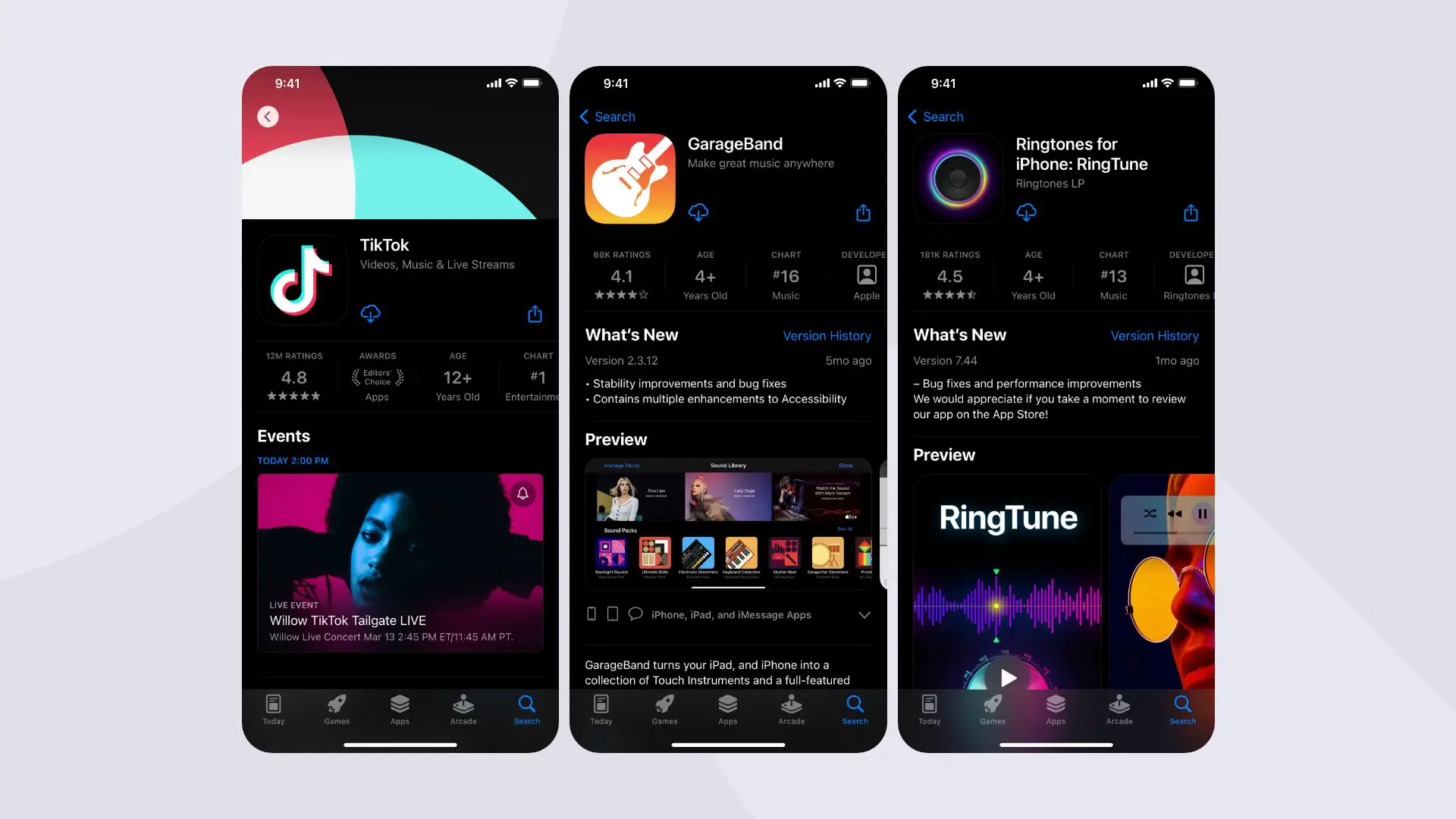iPhone menu shows TikTok, Garageband and a Ringtone maker app